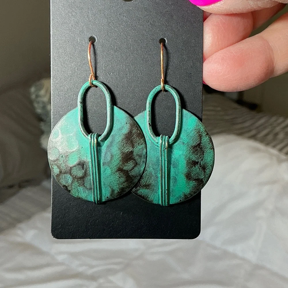 Turquoise and Brown Circular Drop Earrings - Bohemian Look - Lightweight - Picture 5 of 5